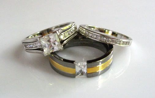 3pcs TITANIUM Gold Princess Cut Wedding Band Ring Set  
