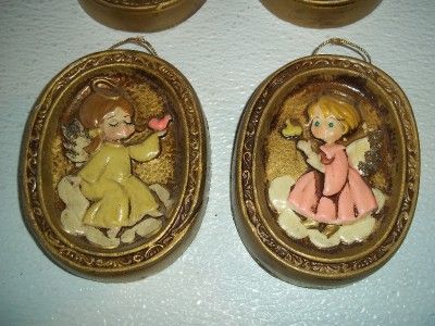1960s? RED LABEL~ENESCO~LOT OF 4 CHRISTMAS ANGEL PLAQUE OVAL WALL 
