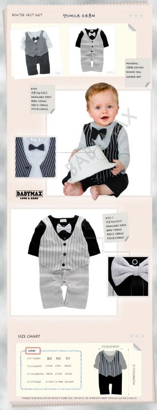 New baby boy bowtie tuxedo vest romper suit #101  