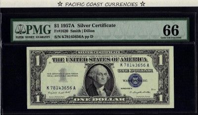 GEMCU 66 PMG GRADED 1957A $1 BLUE SEAL SILVER CERTIFICATE   