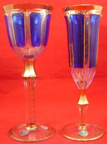   BLUE GOLD PANEL BOHEMIAN CRYSTAL Red Wine Claret Champagne Glass