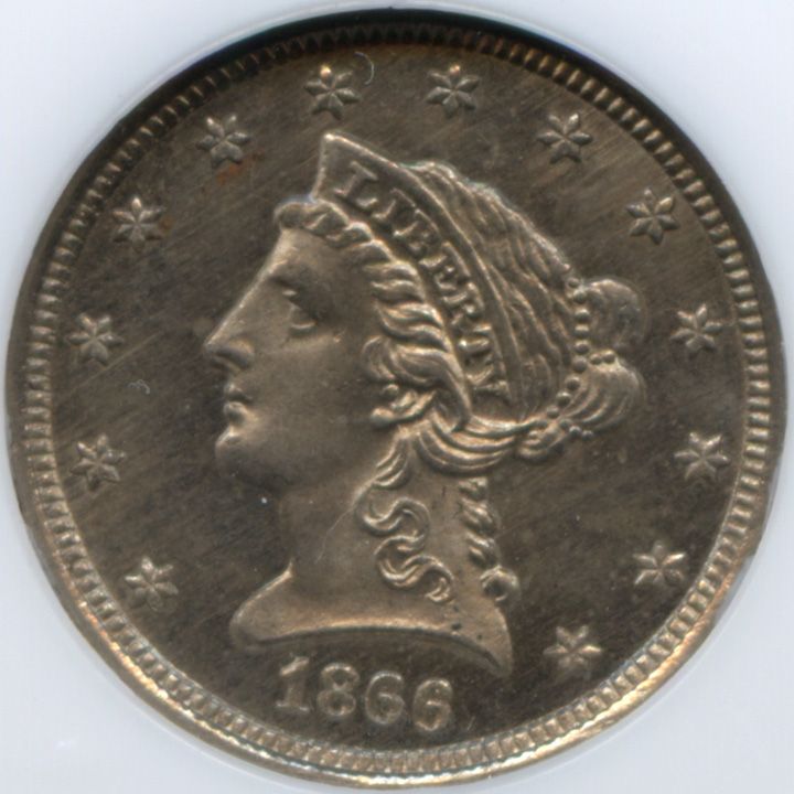 1866 $2½ Struck on a 3 Cent Nickel Planchet NGC MS 66  